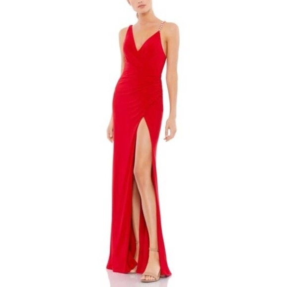 Mac Duggal Ieena 26532 Asymmetrical Pearl Strap V Neck Gown Red Size 10 NWOT - Picture 1 of 12